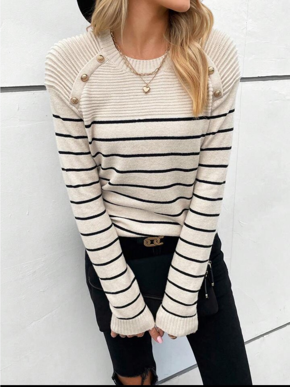 NWOT Shein Striped Button Shoulder Knit Sweater in Cream and Black